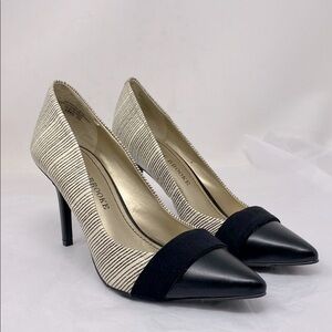 Audrey Brooke Leather Velvet Detail Black & White Striped High Heels Pointed Toe